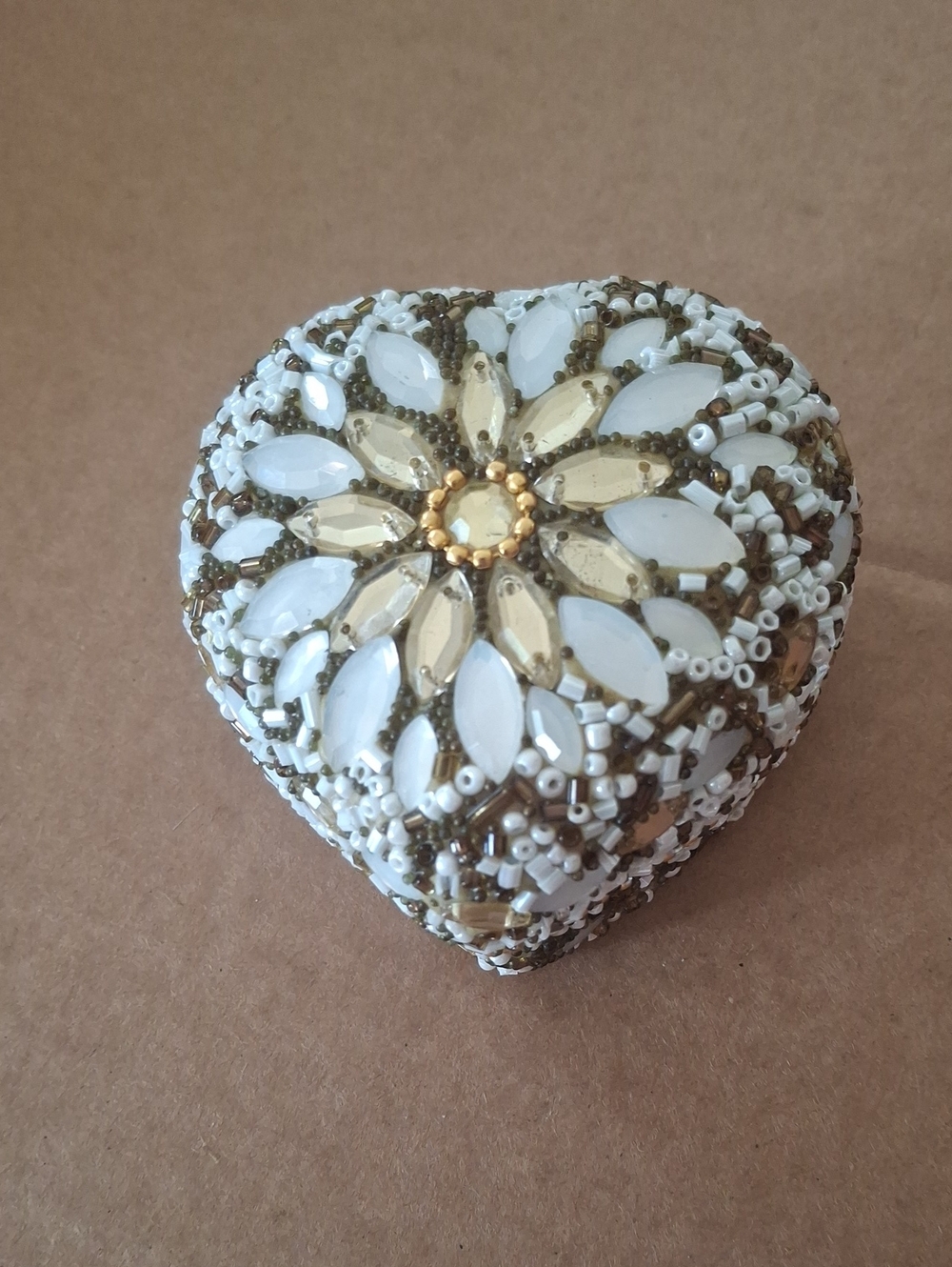 Vintage Ornate Beaded Heart Trinket Box Gold White Mosaic Jewelry Keepsake